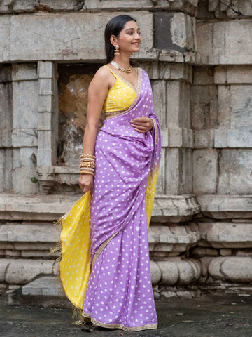 Lemon Yellow & Lavender Ombré Bandhani Cotton Muslin Saree with Gold Lace & Tassels