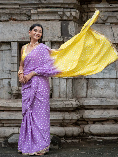 Lemon Yellow & Lavender Ombré Bandhani Cotton Muslin Saree with Gold Lace & Tassels