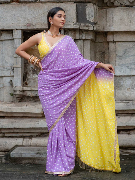 Lemon Yellow & Lavender Ombré Bandhani Cotton Muslin Saree with Gold Lace & Tassels