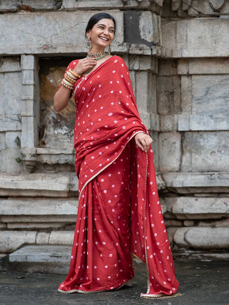 Red Bandhani Cotton Muslin Saree with Gold Lace & Tassels