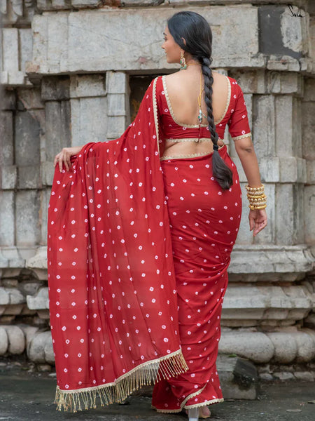 Red Bandhani Cotton Muslin Saree with Gold Lace & Tassels