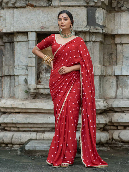 Red Bandhani Cotton Muslin Saree with Gold Lace & Tassels