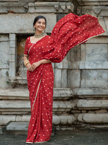 Red Bandhani Cotton Muslin Saree with Gold Lace & Tassels