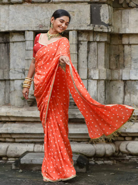 Orange Bandhani Cotton Muslin Saree with Gold Lace & Tassels