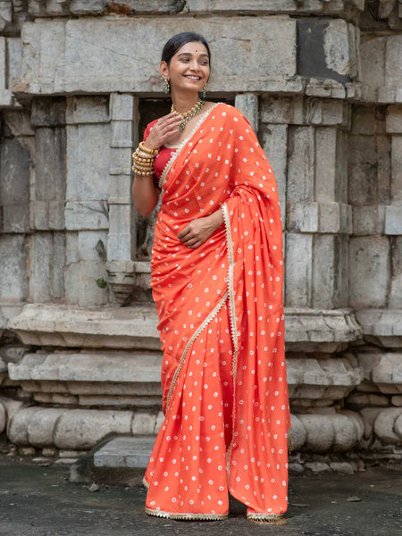 Orange Bandhani Cotton Muslin Saree with Gold Lace & Tassels