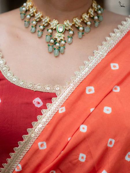 Orange Bandhani Cotton Muslin Saree with Gold Lace & Tassels