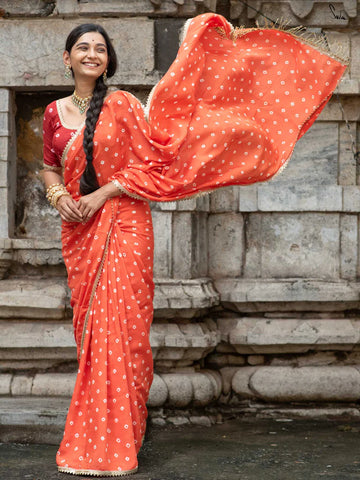 Orange Bandhani Cotton Muslin Saree with Gold Lace & Tassels