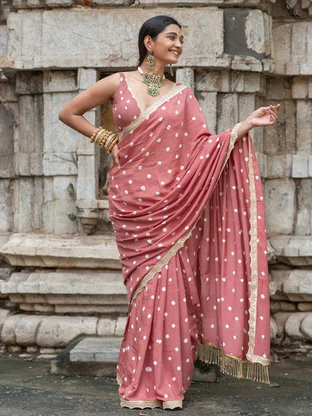 Rose Gold Bandhani Cotton Muslin Saree with Gold Lace & Tassels