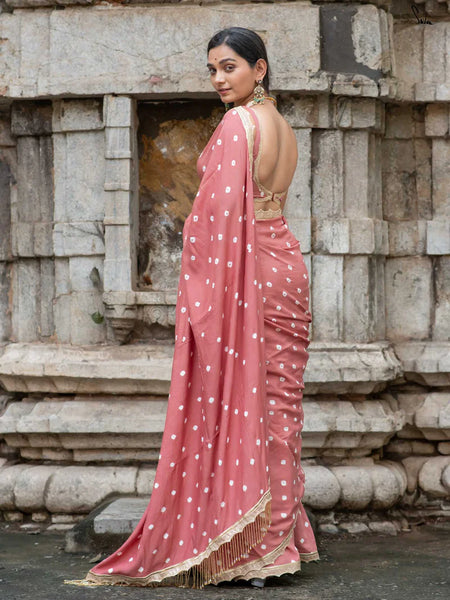 Rose Gold Bandhani Cotton Muslin Saree with Gold Lace & Tassels