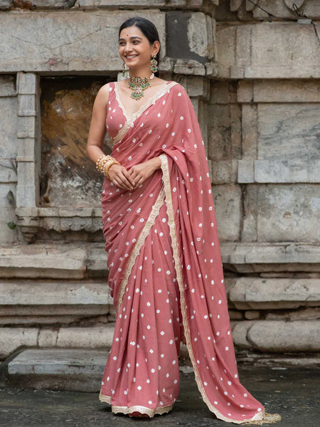 Rose Gold Bandhani Cotton Muslin Saree with Gold Lace & Tassels