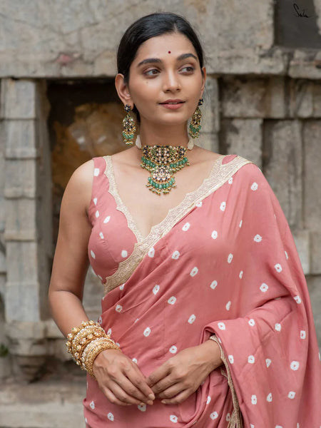 Rose Gold Bandhani Cotton Muslin Saree with Gold Lace & Tassels