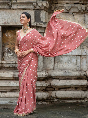 Rose Gold Bandhani Cotton Muslin Saree with Gold Lace & Tassels