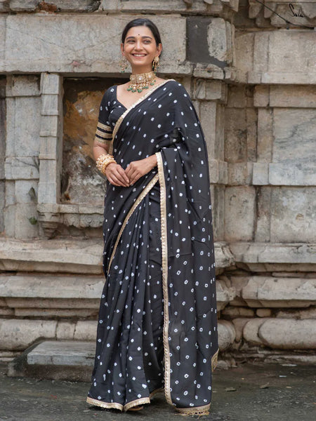 Black Bandhani Cotton Muslin Saree with Gold Lace & Tassels