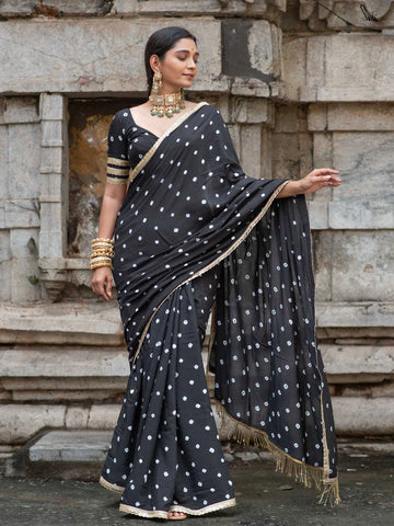Black Bandhani Cotton Muslin Saree with Gold Lace & Tassels