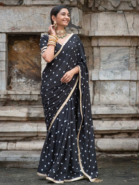 Black Bandhani Cotton Muslin Saree with Gold Lace & Tassels