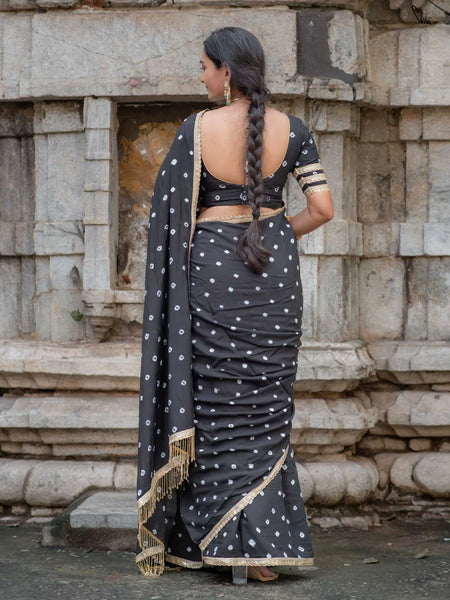 Black Bandhani Cotton Muslin Saree with Gold Lace & Tassels