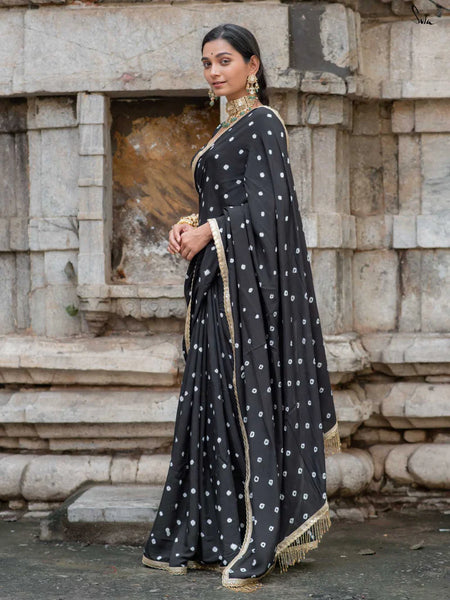 Black Bandhani Cotton Muslin Saree with Gold Lace & Tassels