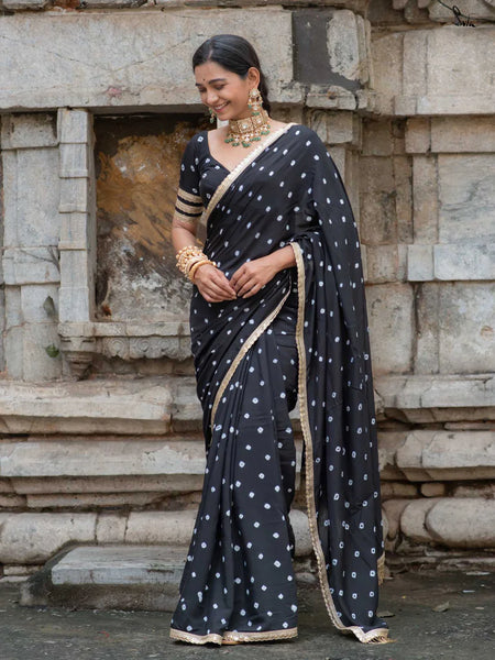 Black Bandhani Cotton Muslin Saree with Gold Lace & Tassels