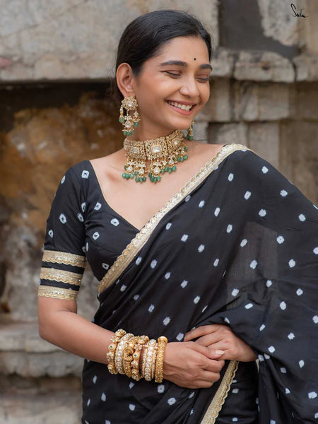 Black Bandhani Cotton Muslin Saree with Gold Lace & Tassels