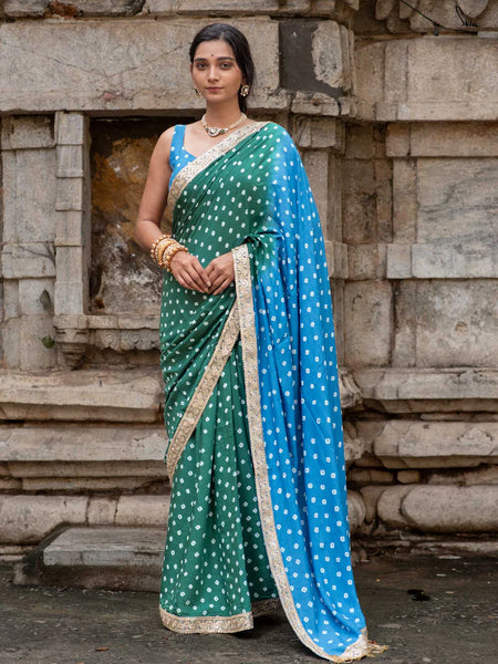 Blue & Green Ombré Bandhani Cotton Muslin Saree with Gold Lace & Tassels
