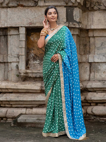 Blue & Green Ombré Bandhani Cotton Muslin Saree with Gold Lace & Tassels
