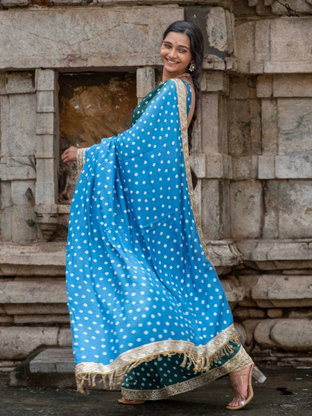 Blue & Green Ombré Bandhani Cotton Muslin Saree with Gold Lace & Tassels
