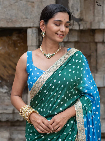 Blue & Green Ombré Bandhani Cotton Muslin Saree with Gold Lace & Tassels
