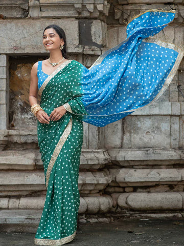 Blue & Green Ombré Bandhani Cotton Muslin Saree with Gold Lace & Tassels