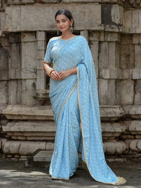 Teal & Sky Blue Ombré Bandhani Cotton Muslin Saree with Gold Lace & Tassels