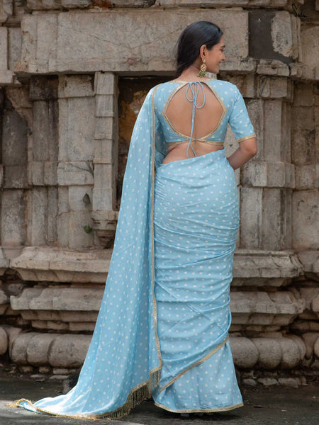Teal & Sky Blue Ombré Bandhani Cotton Muslin Saree with Gold Lace & Tassels