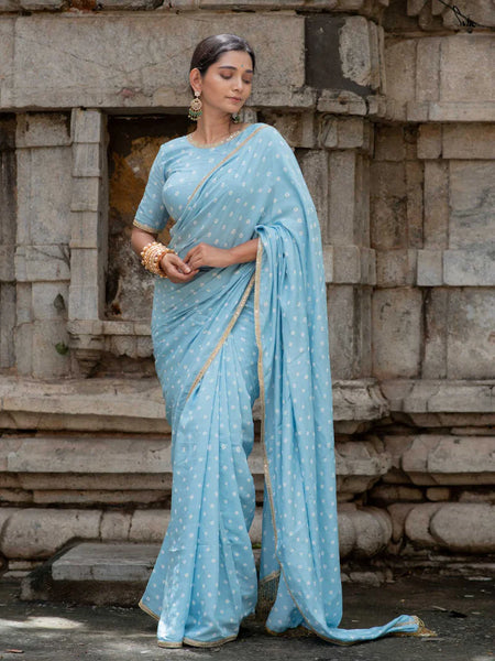 Teal & Sky Blue Ombré Bandhani Cotton Muslin Saree with Gold Lace & Tassels