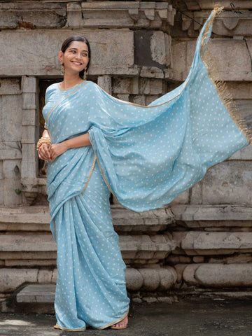 Teal & Sky Blue Ombré Bandhani Cotton Muslin Saree with Gold Lace & Tassels