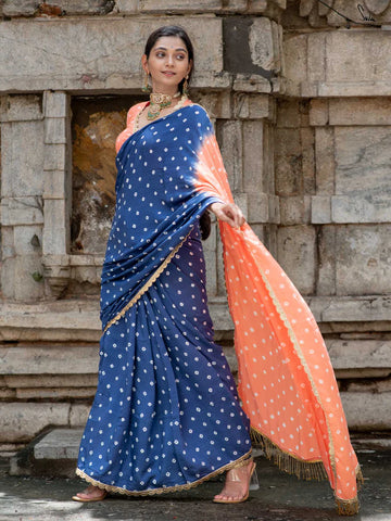 Peach & Royal Blue Ombré Bandhani Cotton Muslin Saree with Gold Lace & Tassels