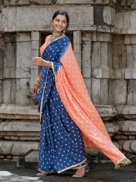 Peach & Royal Blue Ombré Bandhani Cotton Muslin Saree with Gold Lace & Tassels