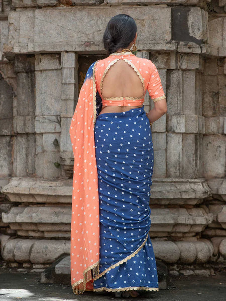 Peach & Royal Blue Ombré Bandhani Cotton Muslin Saree with Gold Lace & Tassels