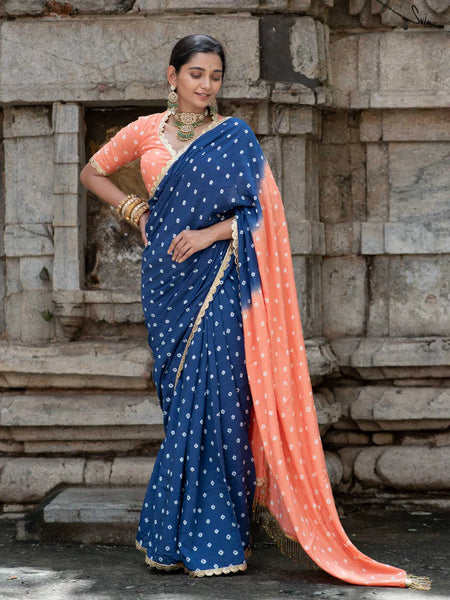 Peach & Royal Blue Ombré Bandhani Cotton Muslin Saree with Gold Lace & Tassels