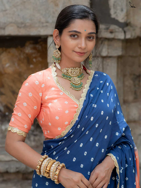 Peach & Royal Blue Ombré Bandhani Cotton Muslin Saree with Gold Lace & Tassels