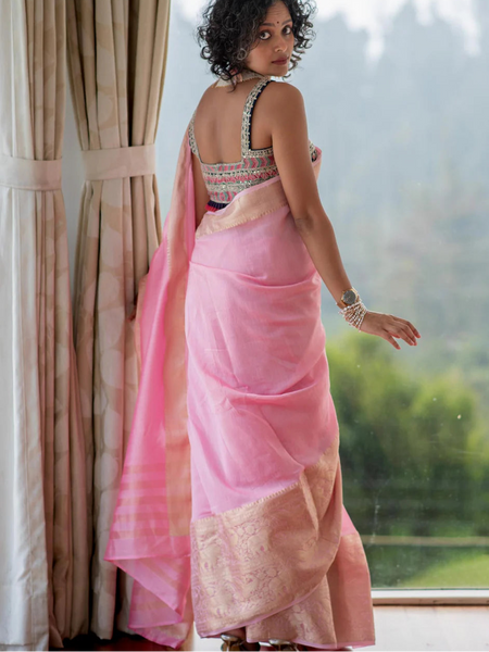 Baby Pink and Gold Handloom Cotton Silk Saree