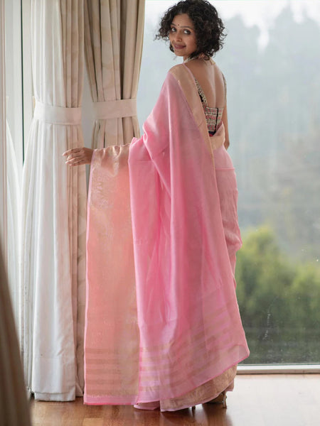 Baby Pink and Gold Handloom Cotton Silk Saree