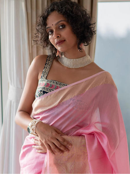 Baby Pink and Gold Handloom Cotton Silk Saree