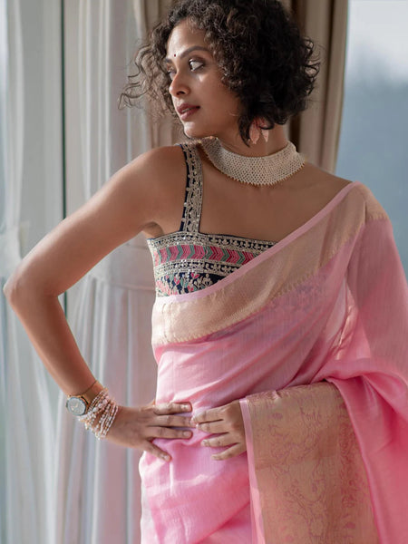 Baby Pink and Gold Handloom Cotton Silk Saree