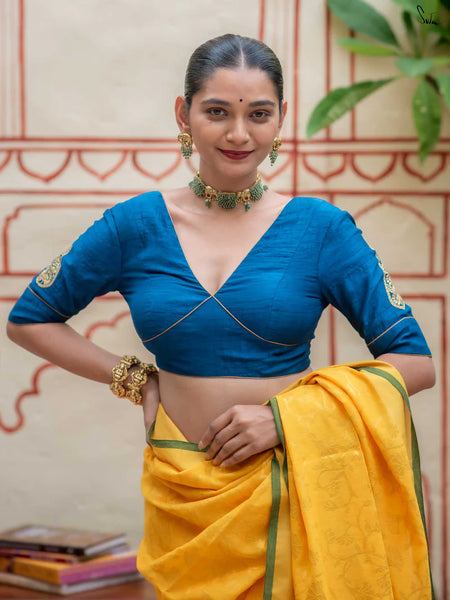 V Neck Blue Viscose Blend Blouse With Hand Embroidery