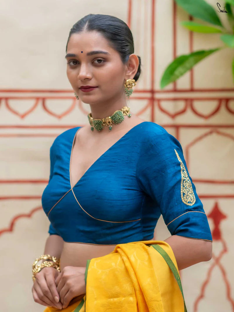 V Neck Blue Viscose Blend Blouse With Hand Embroidery