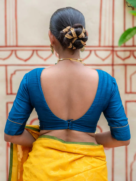 V Neck Blue Viscose Blend Blouse With Hand Embroidery