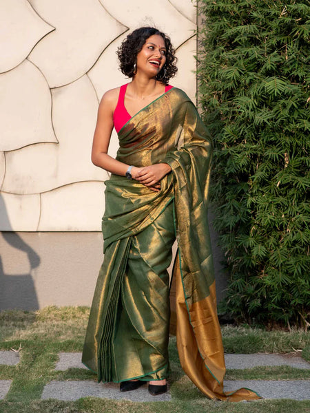 Green And Gold Linen Zari Saree With Blouse Piece
