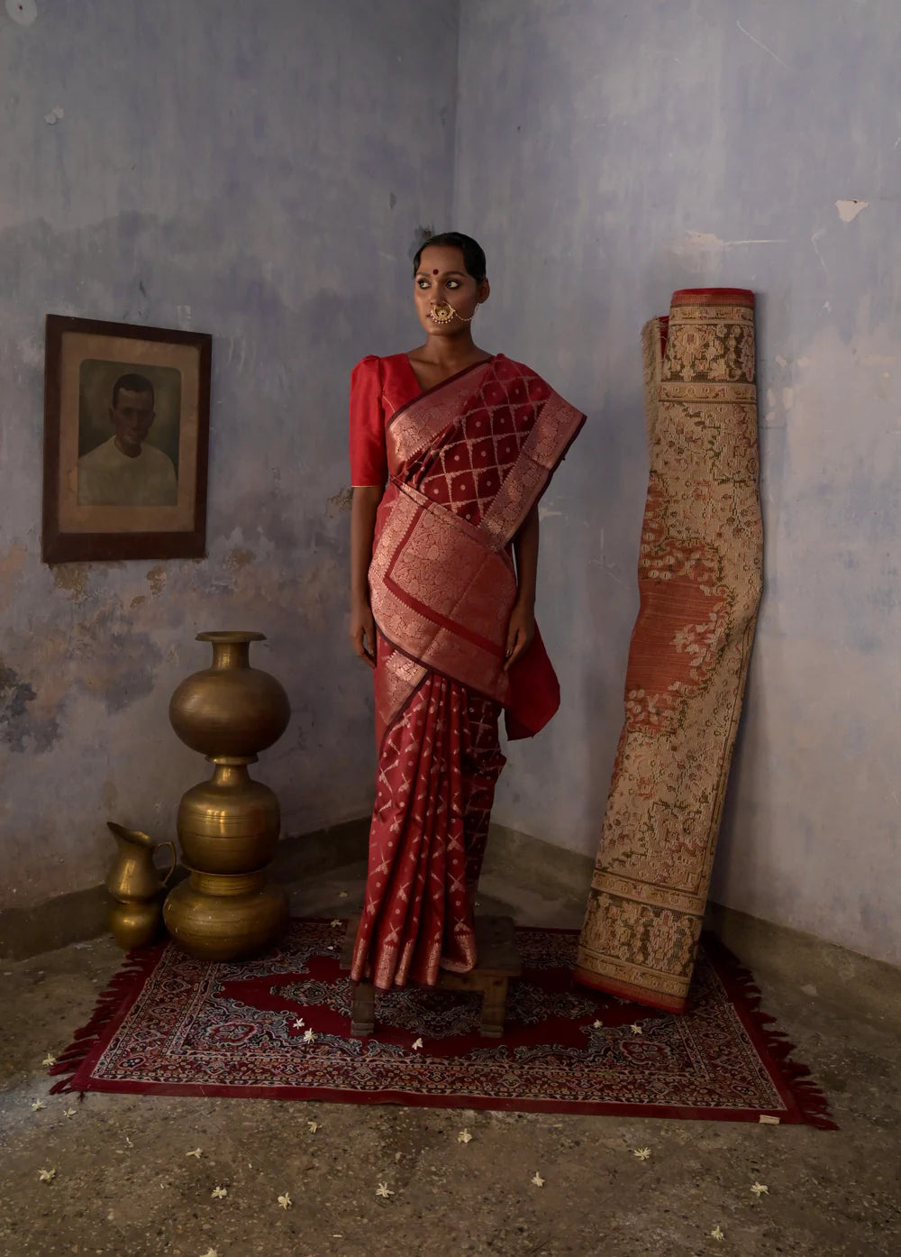 Red Handloom silk Jaal Banarasi Saree with floral Zari Border
