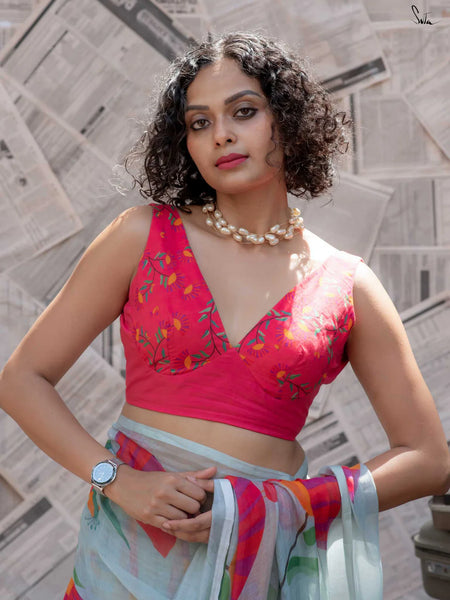 Pink Sleeveless V-Neck Cotton Blouse