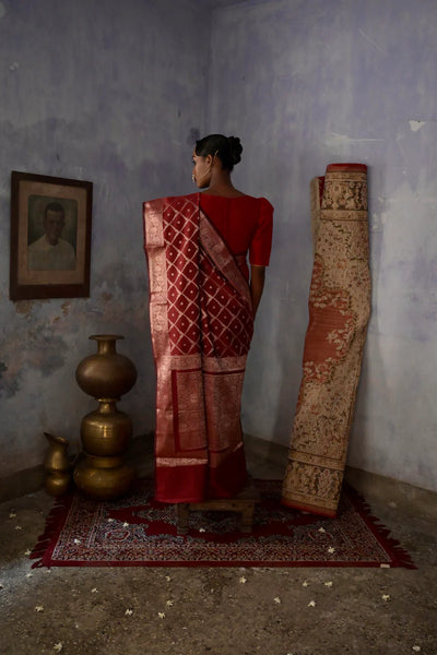 Red Handloom silk Jaal Banarasi Saree with floral Zari Border