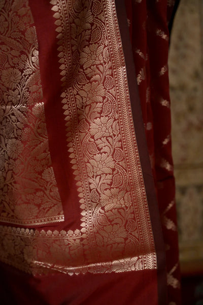 Red Handloom silk Jaal Banarasi Saree with floral Zari Border