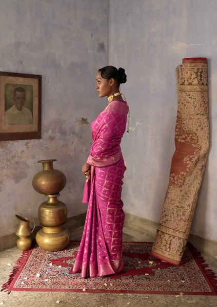 Rani pink Handloom silk Jaal Banarasi Saree with floral Zari Border